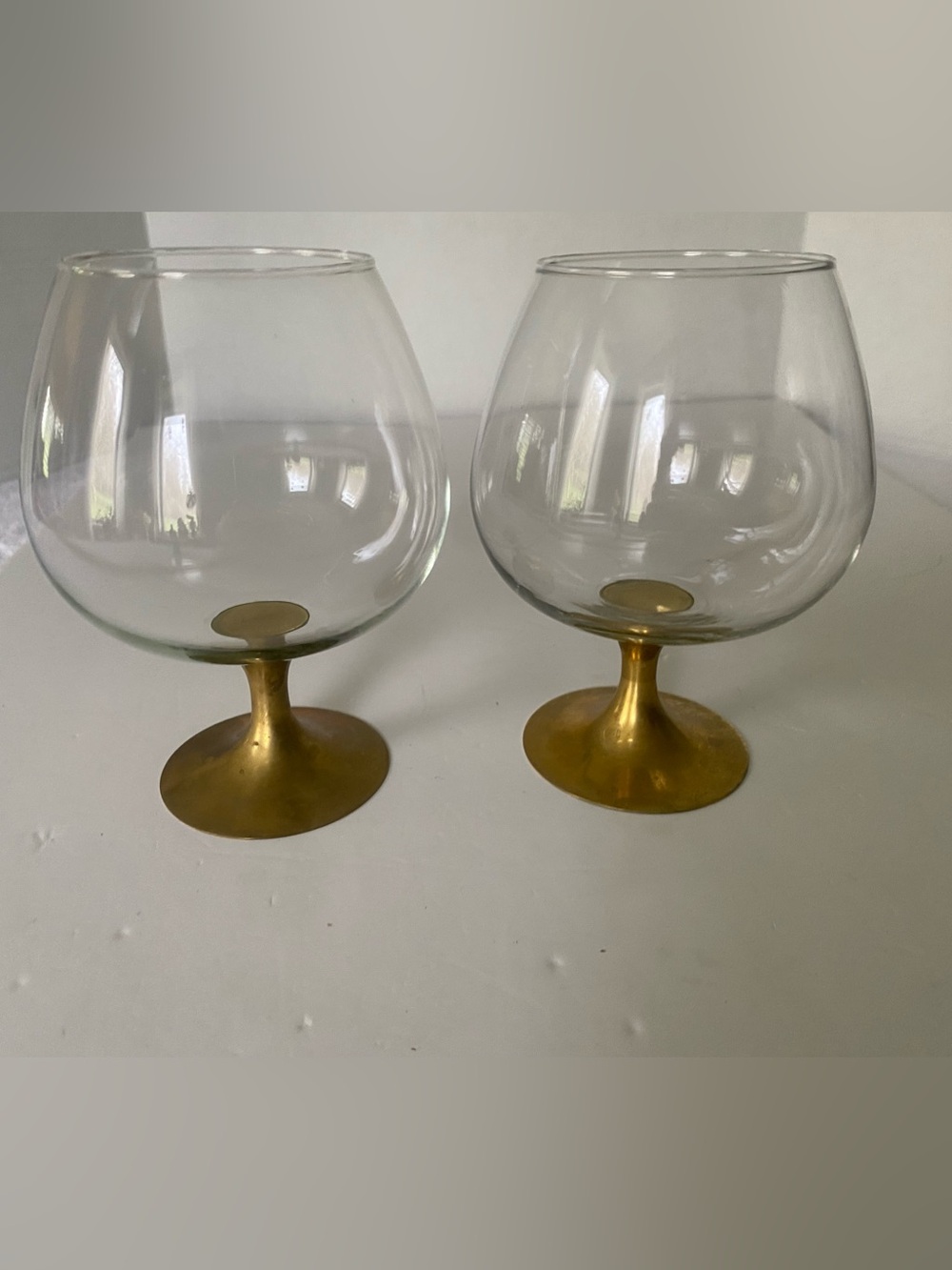 2 Vintage Unique Glass Brass Stem Large Snifters